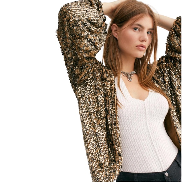 Free People Seeing Stars M/L Gold Black Allover Sequin Embellished Open Jacket - Picture 4 of 9